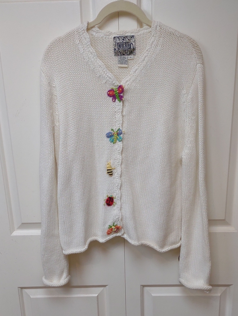 Curio Vintage White Knit Cottage-Style BU Cardigan Whimsical Decorative Buttons - Picture 2 of 15